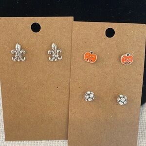 💐5/25 3 pair small stud fleur de Lis orange pumpkin rhinestone ball